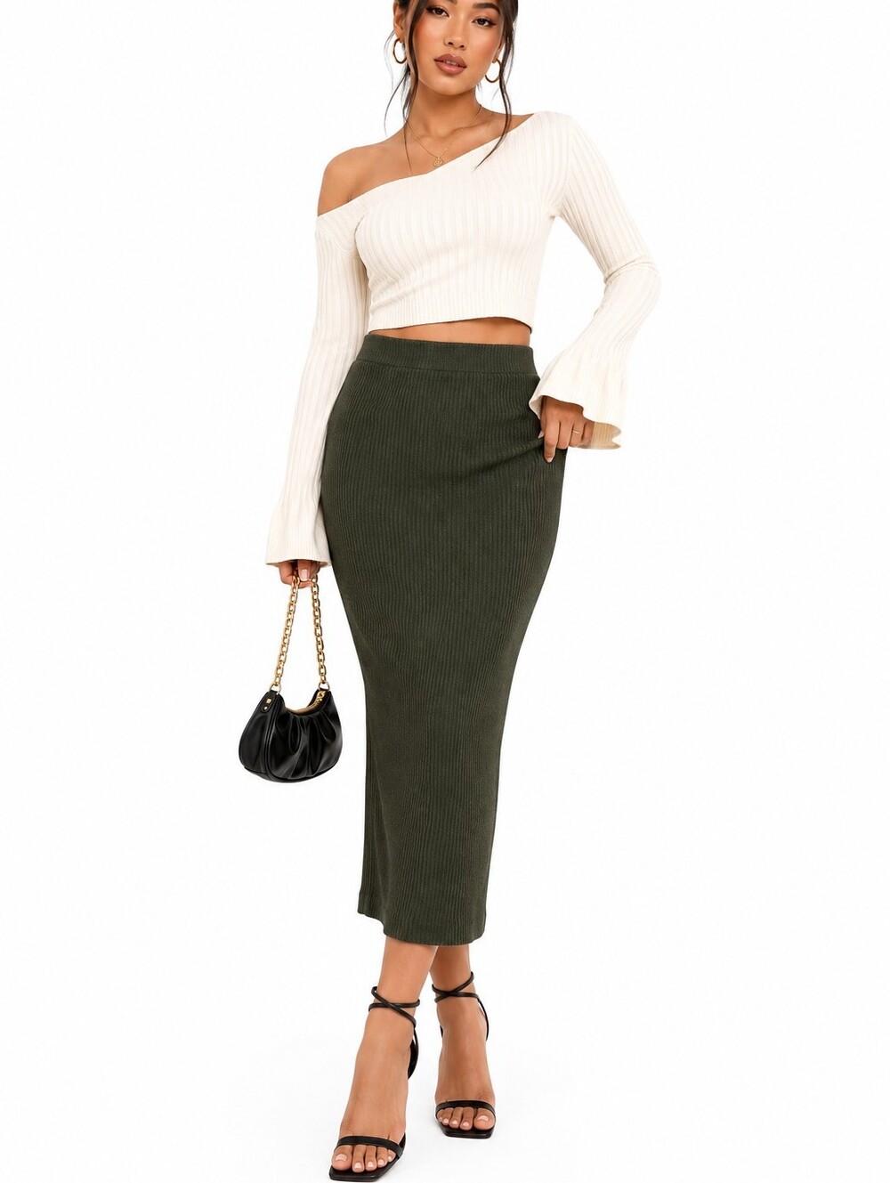 Forest Green Ribbed Midi Skirt High Waist Stretch Bodycon Column Skirt
